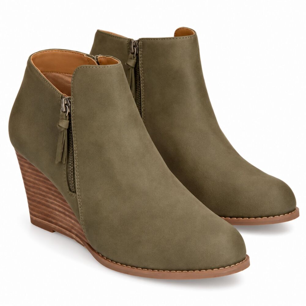 Report Womens 8.5 Olive Faux Suede Wedge Ankle Booties Dual Side Zip NWOT